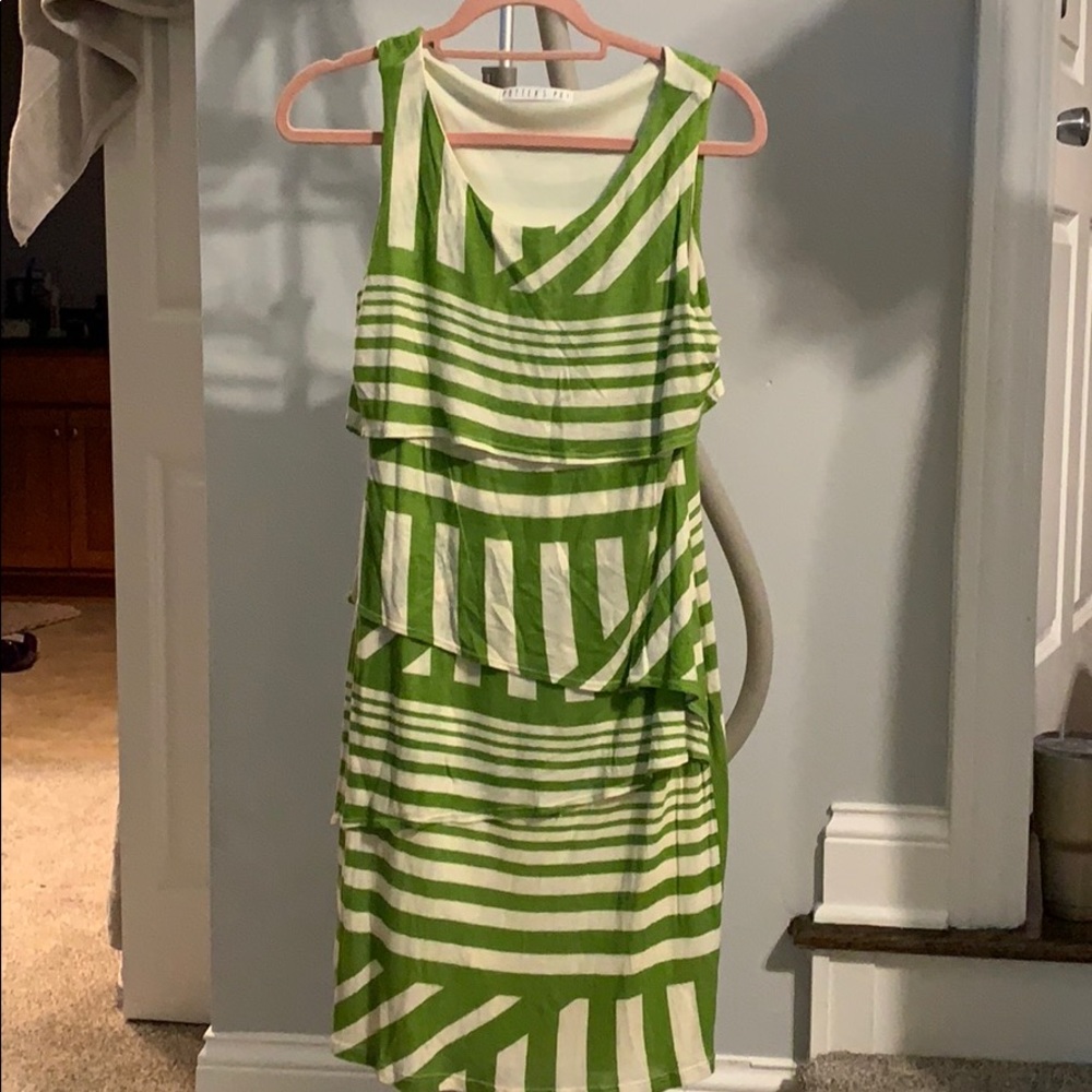 Potter’s Pot sleeveless green and cream dress